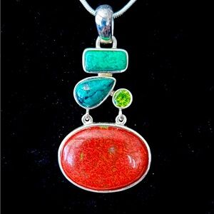 Silver Pendant with Red, Green, and Turquoise Stones